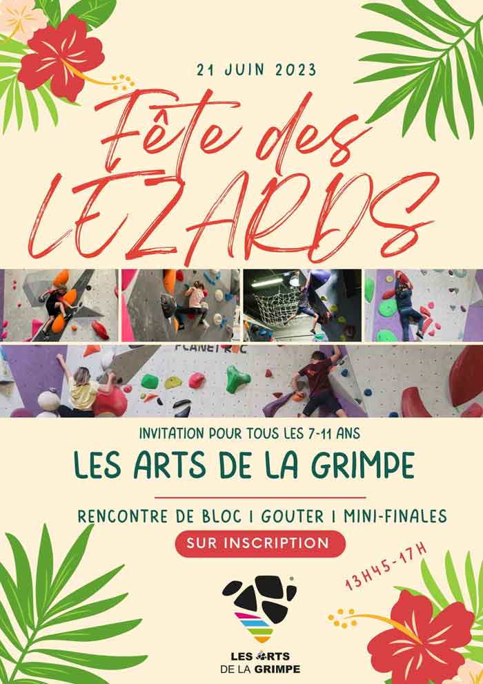 Des jeunes grimpeurs s'amusant lors de la Fête des lézards dans la salle d'escalade Les Arts de la Grimpe.